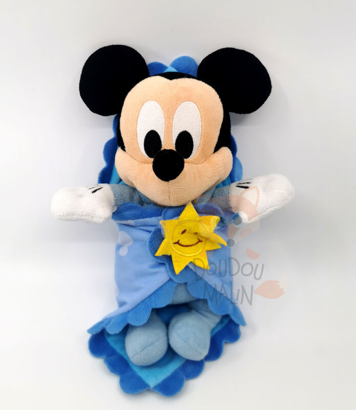  - mickey souris - peluche avec couverture bleu nuage soleil 30 cm 